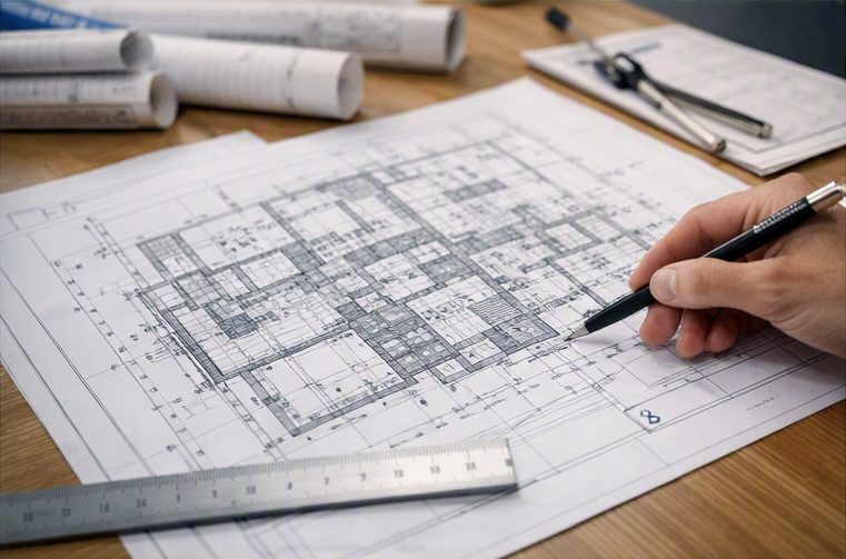 Arquitecto revisando el detalle de un plano técnico